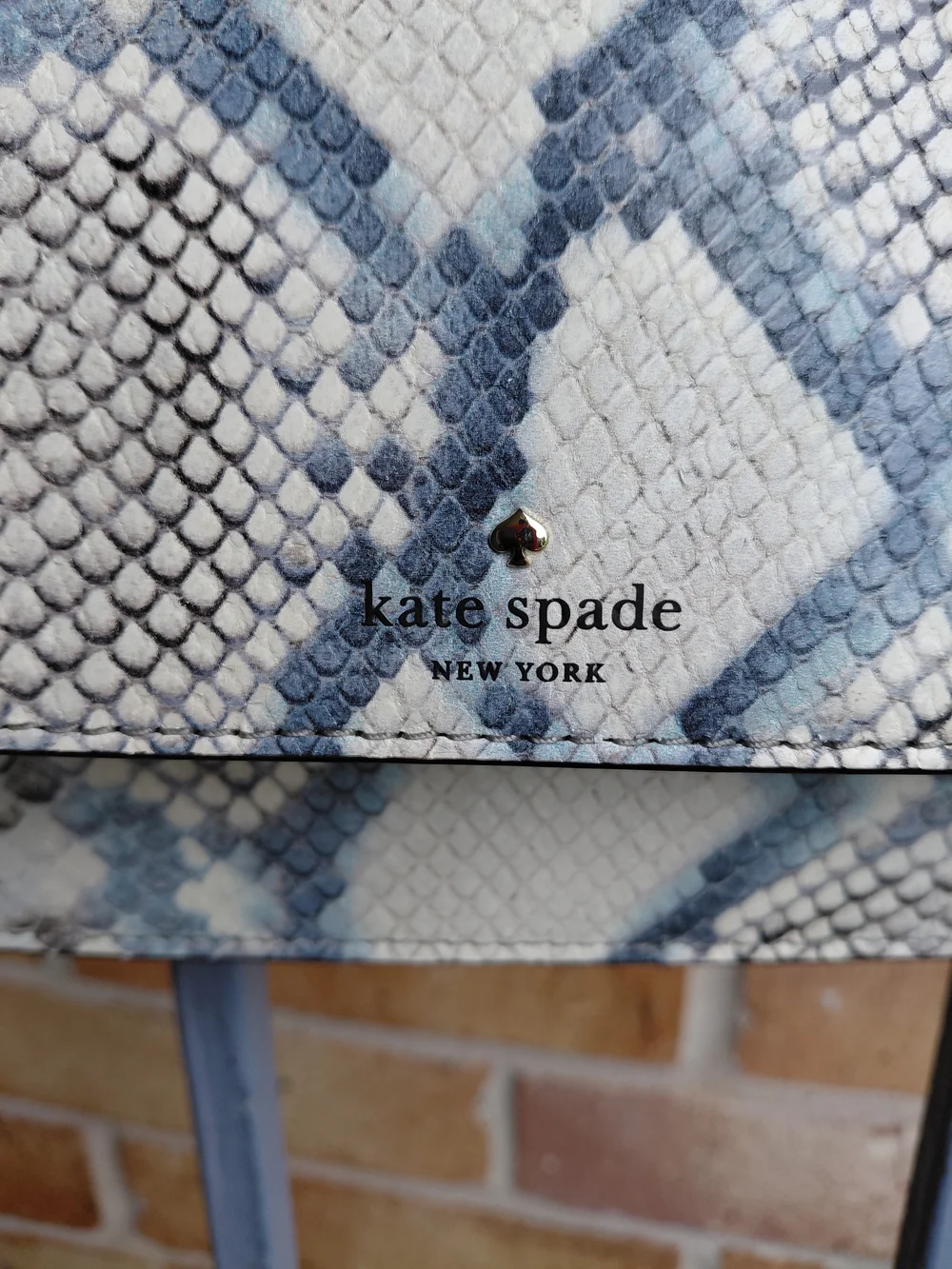 kate spade White and Light Blue Snake-Print Crossbody with Gold Chain